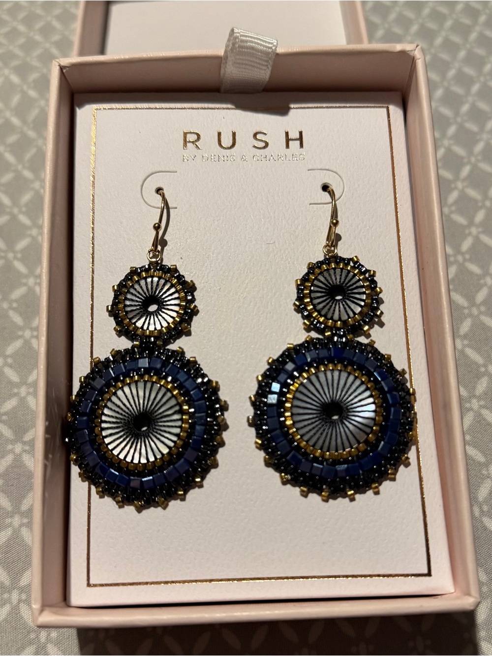 NWT RUSH by Denis & Charles Beaded Medallion Drop Earrings – Navy & Gold